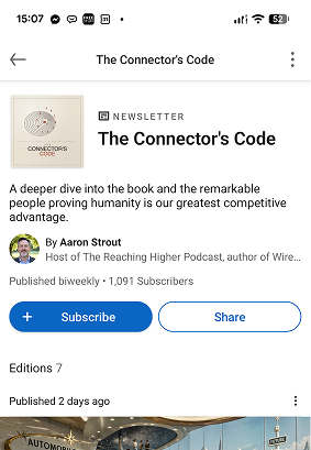 The Connector’s Code newsletter on LinkedIn, with the Subscribe button below its description.